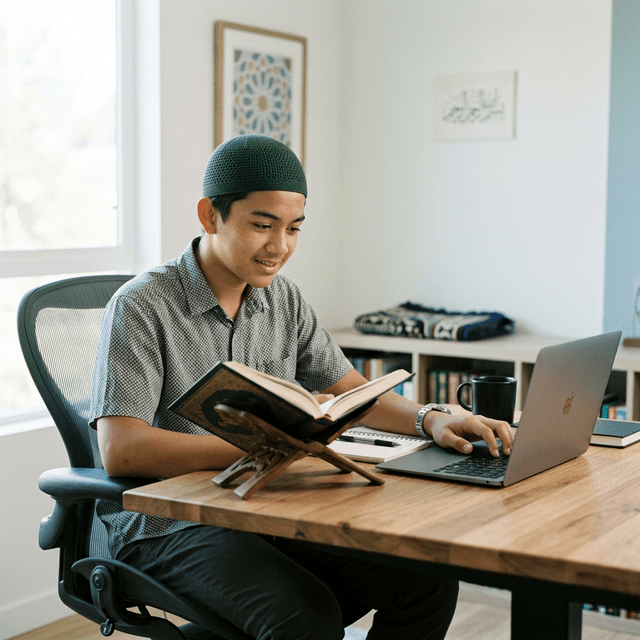Student learning Quran online